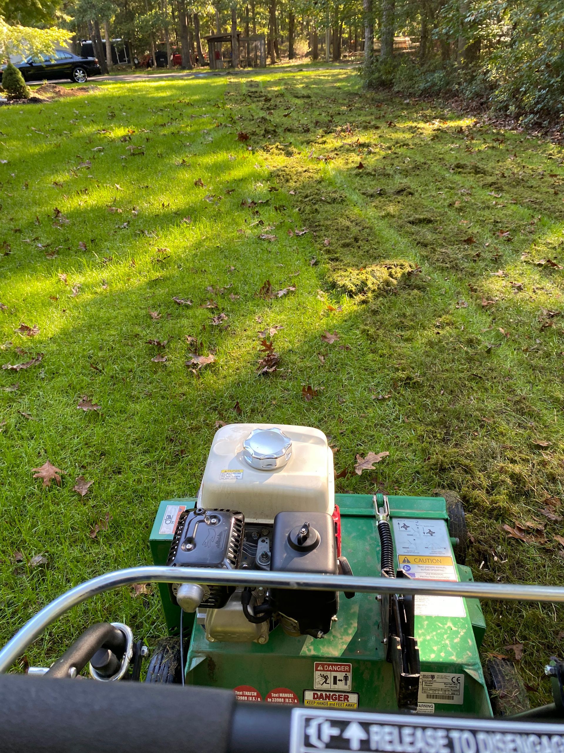 A green lawn mower with a release to disengage sign on the handle