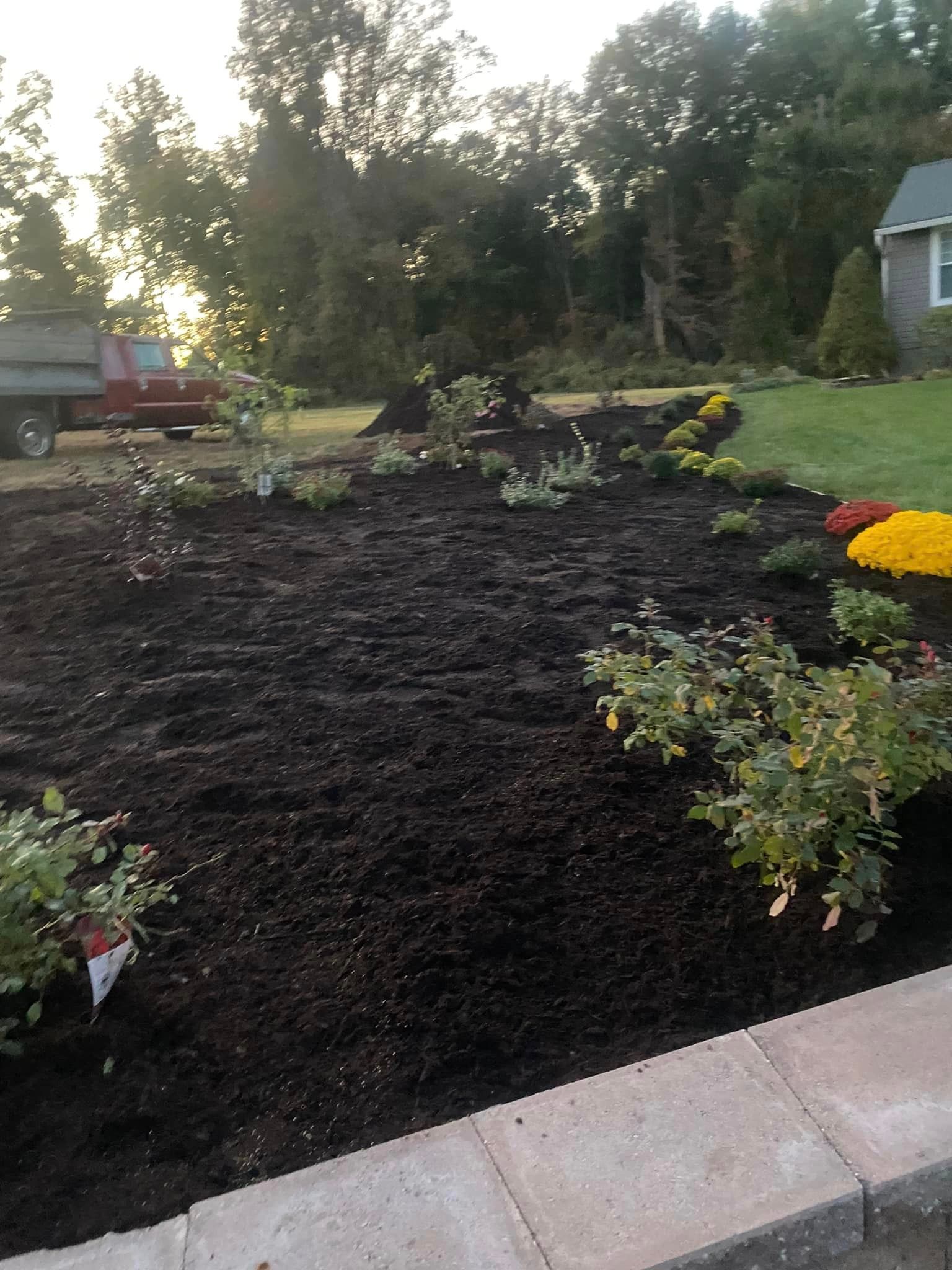 A yard with a lot of dirt and flowers in it