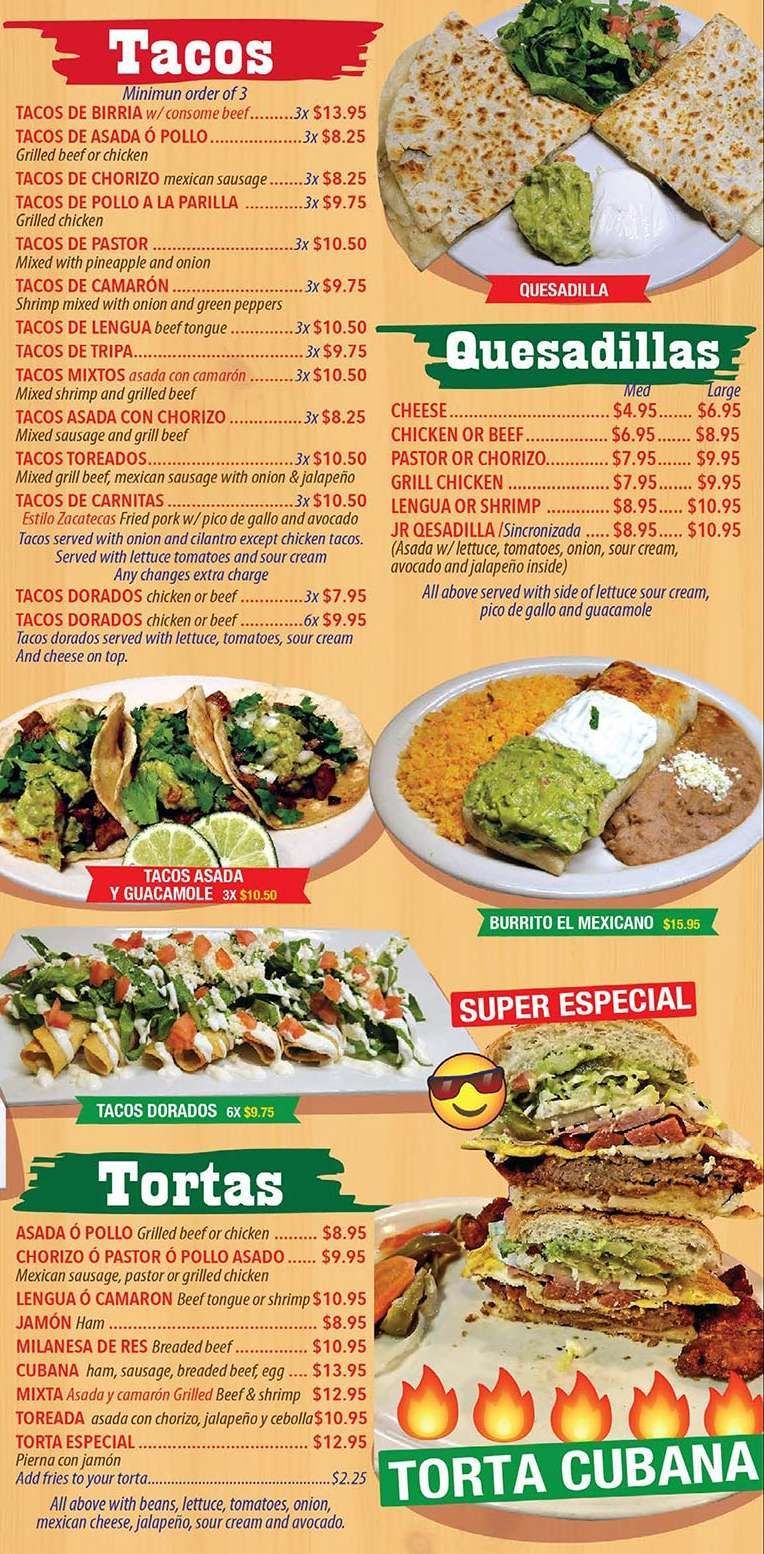 Menu board with tacos, quesadillas, tortas, and