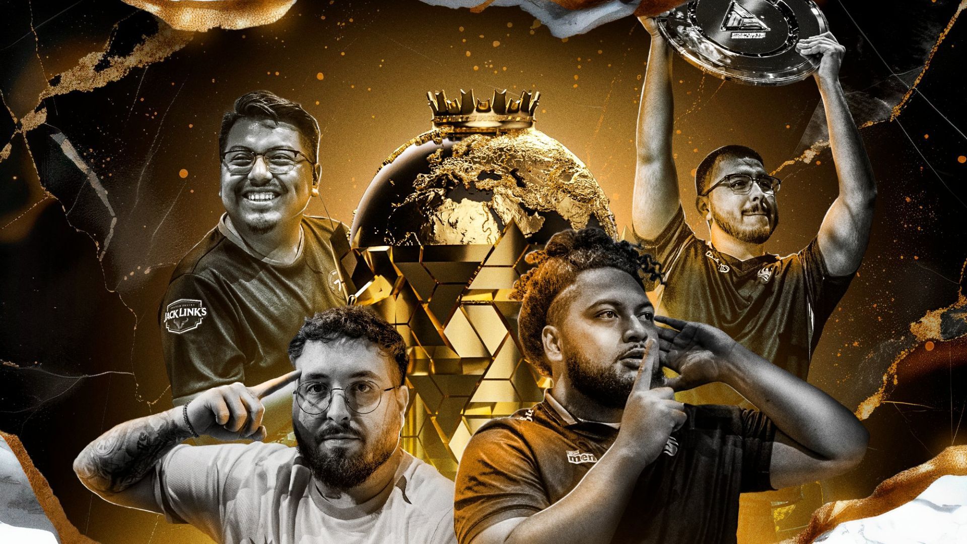 Esports team celebrating victory with trophy. Gold and black colors, triumphant expressions.