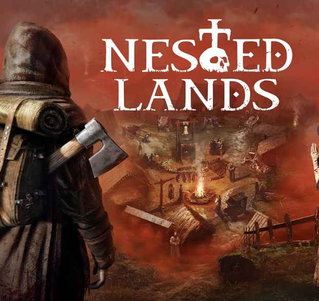 Man with axe and backpack surveys burning village, game title 