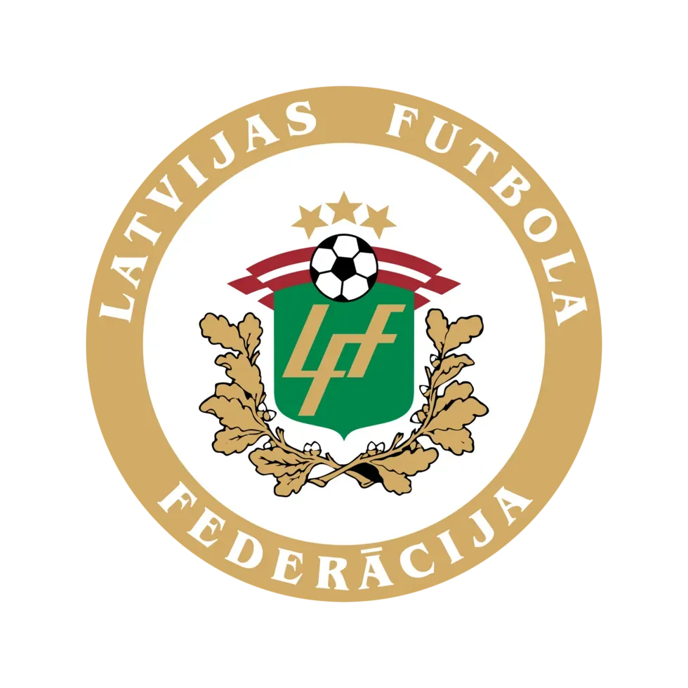 Latvian Football Federation logo: gold circle with text, green shield with initials, football, and stars.
