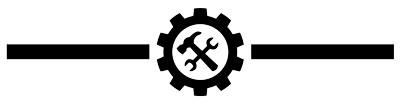 A black and white logo with a wrench and hammer in a gear.