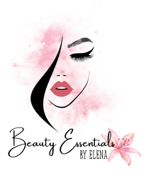 Logo for "Beauty Essentials by Elena": stylized woman's face with pink watercolor background and a pink flower.