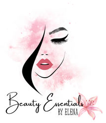 Logo for "Beauty Essentials by Elena": stylized woman's face with pink watercolor background and a pink flower.