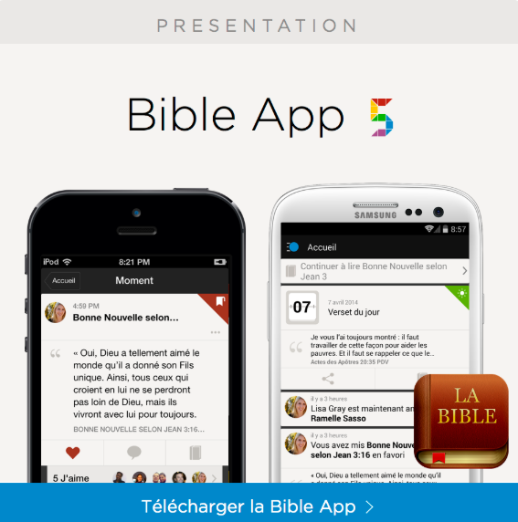Bible App 5 presentation on two smartphones. The app shows text in French.