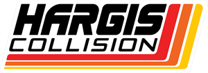 a logo for hargis collision is shown on a white background .