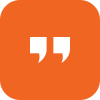 a quote icon in an orange square on a white background .