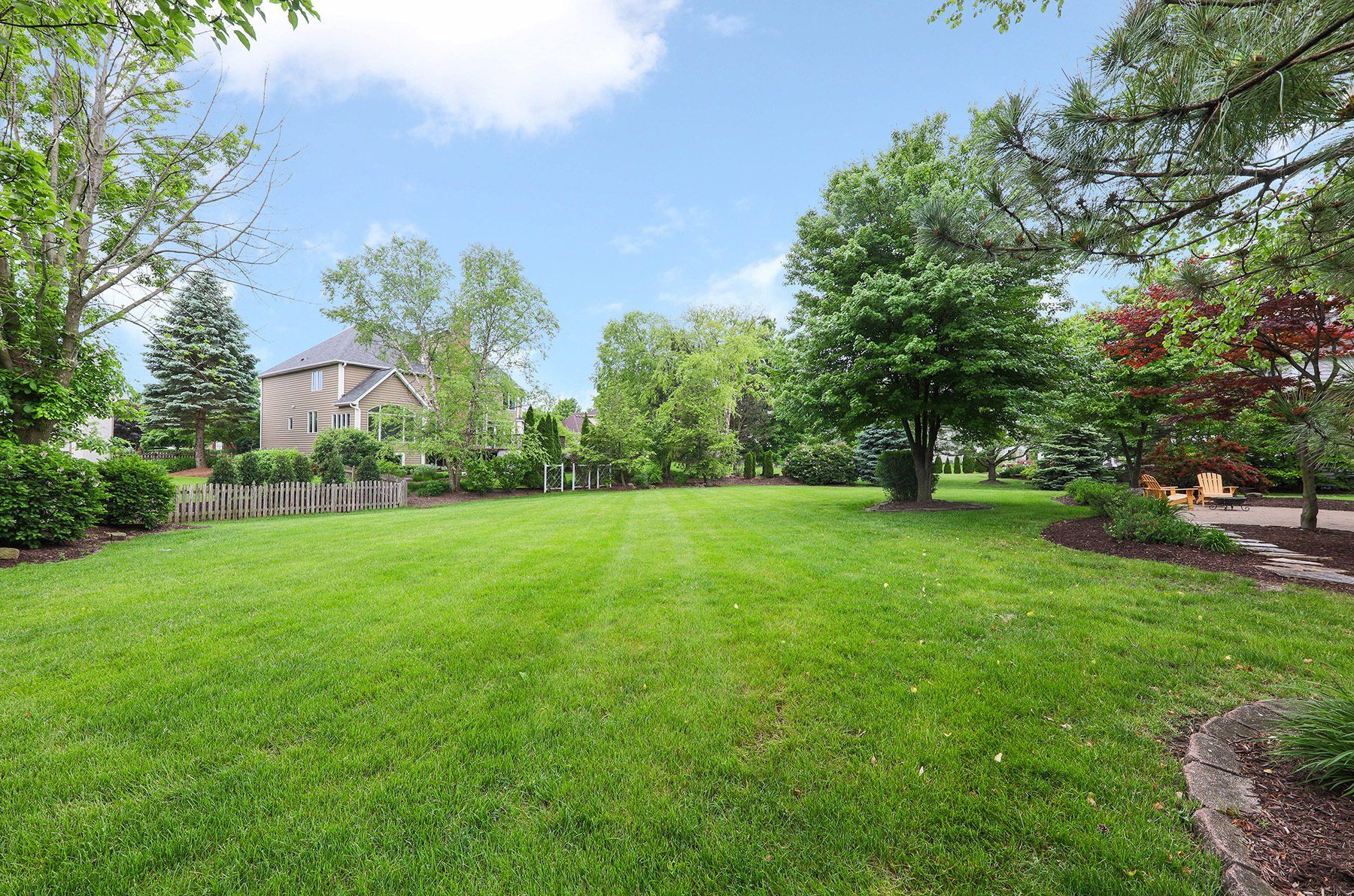 A large lush green lawn with trees and a house in the background.