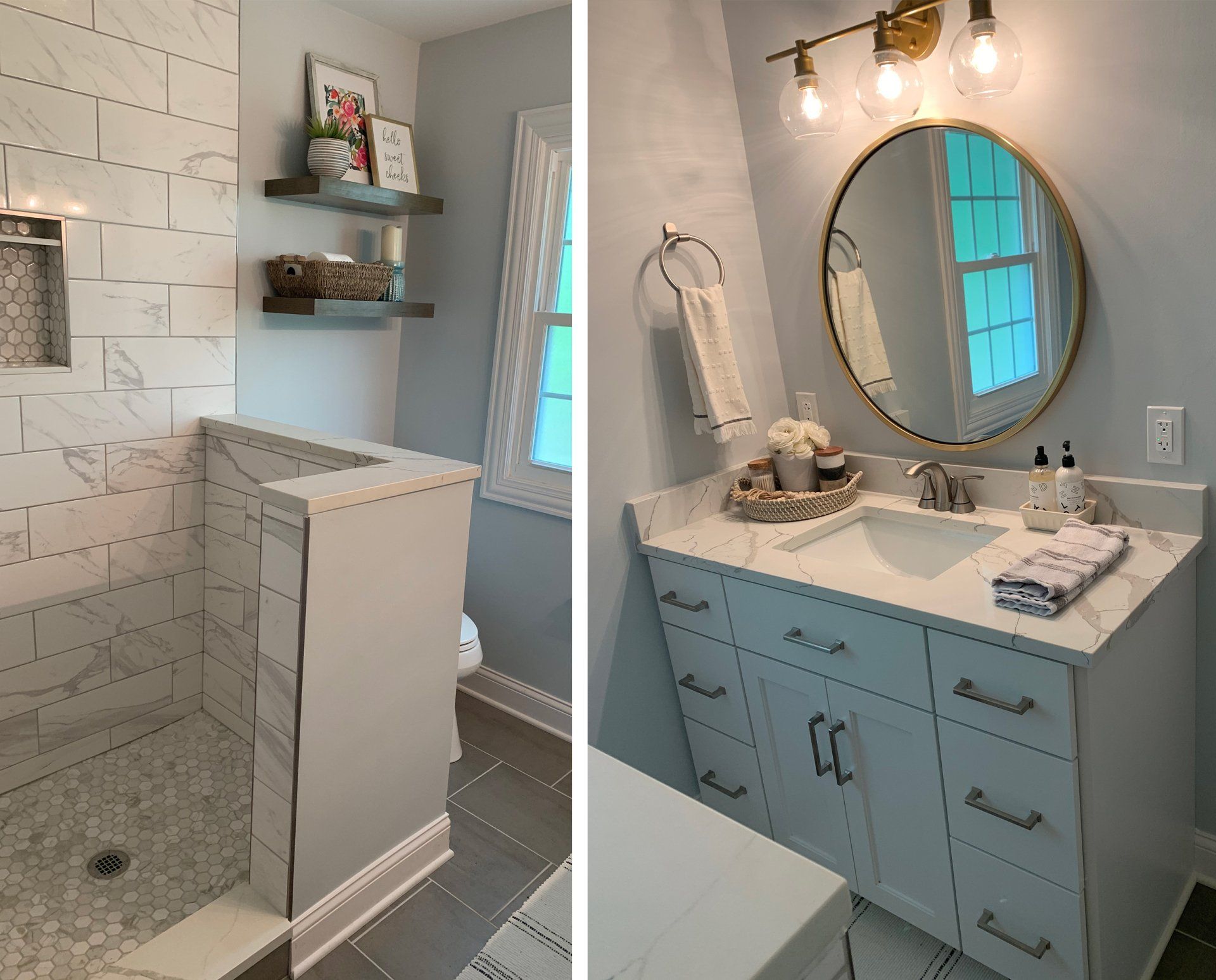 A bathroom with a shower and a sink and a mirror.