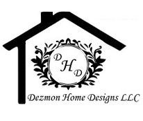 Logo for Dezmon Home Designs LLC: house outline with central circular design of "DH" initials, ornate foliage.
