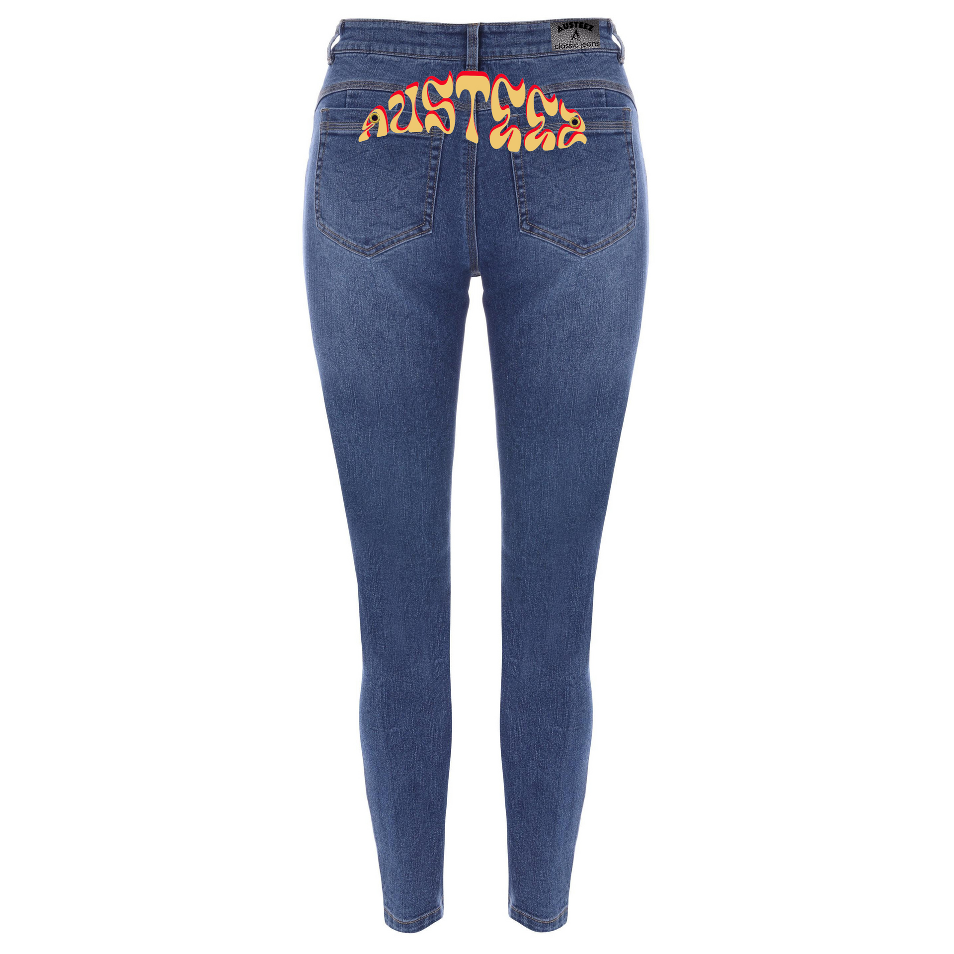 Blue denim jeans with flame design on the back pockets.