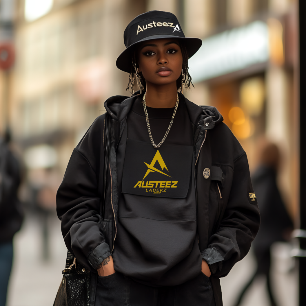 Woman in black bucket hat, jacket, and sweatshirt with a logo. Outdoors, posing.