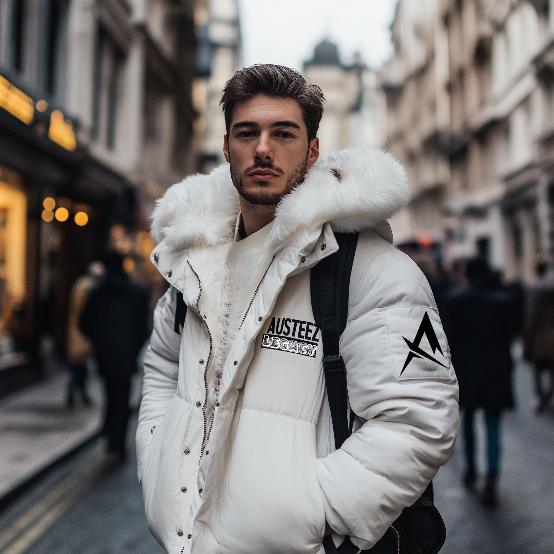 Man in white winter coat with fur hood, walking down a street with blurred background.