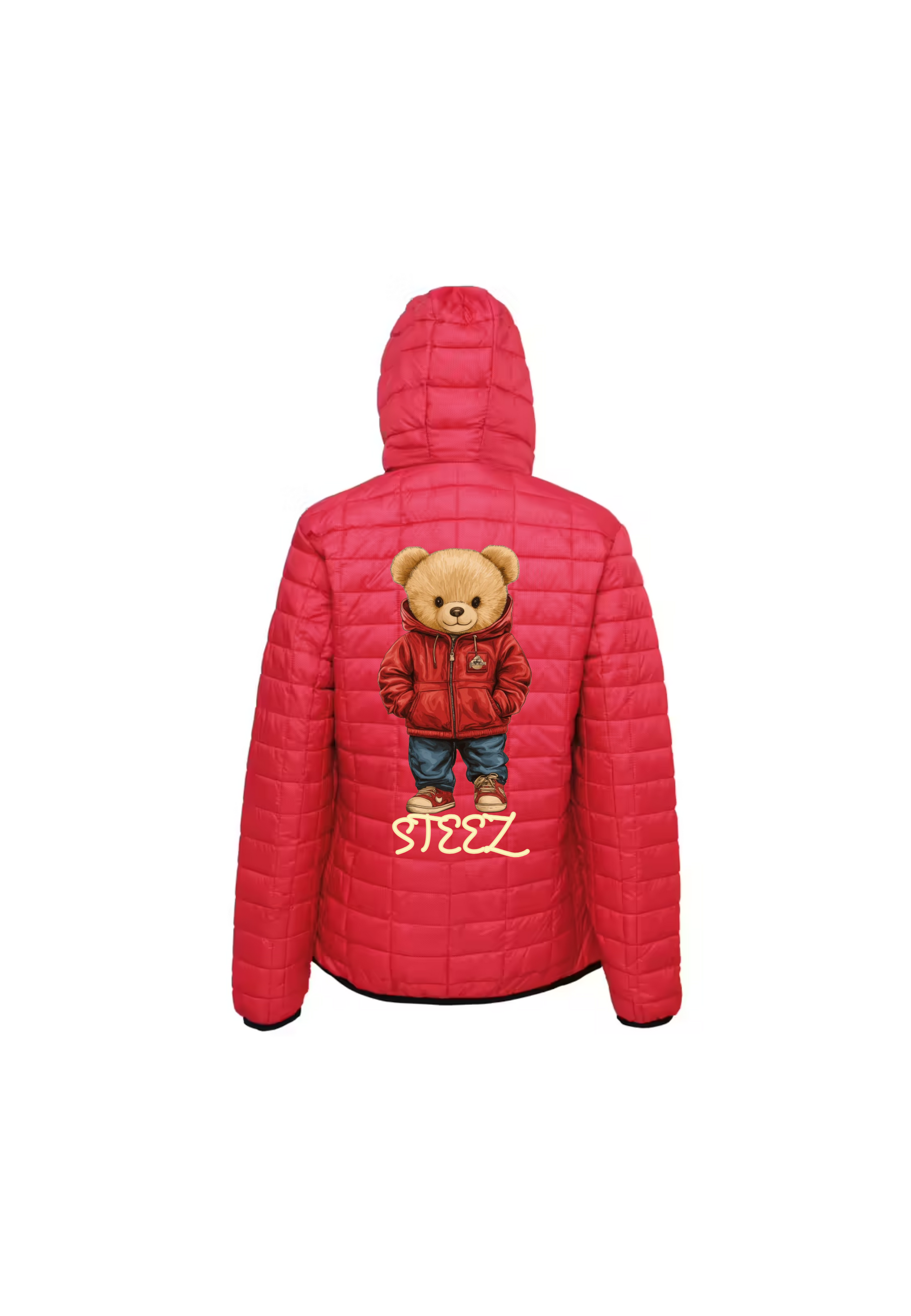 Red puffer jacket with teddy bear graphic and text on the back.