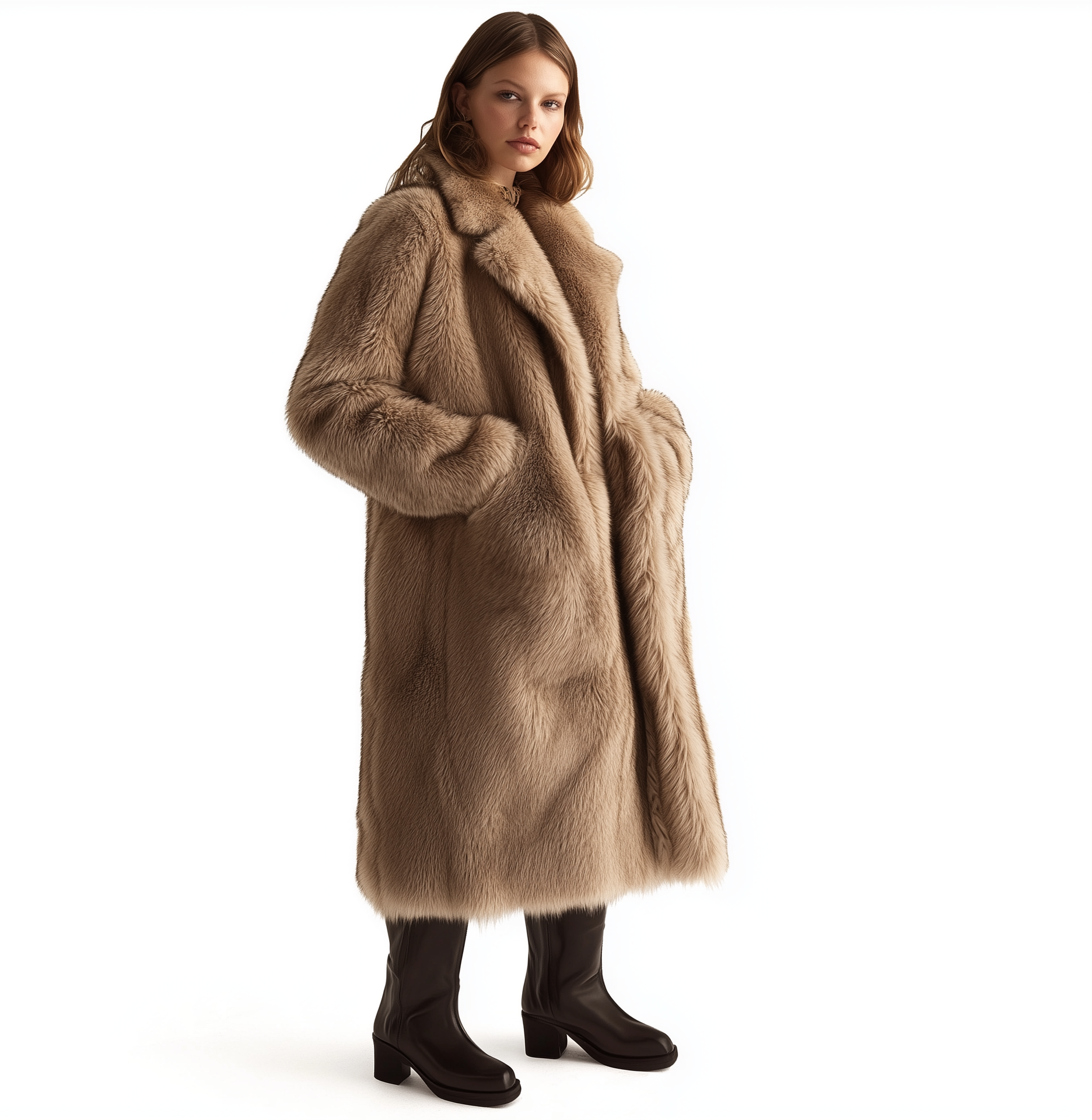 Woman in a long, tan teddy bear coat and black boots, hands in pockets.