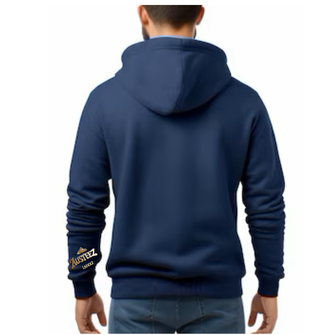Navy blue hoodie featuring a cartoon character with open arms. The character is a yellow box with blue gloves and boots.