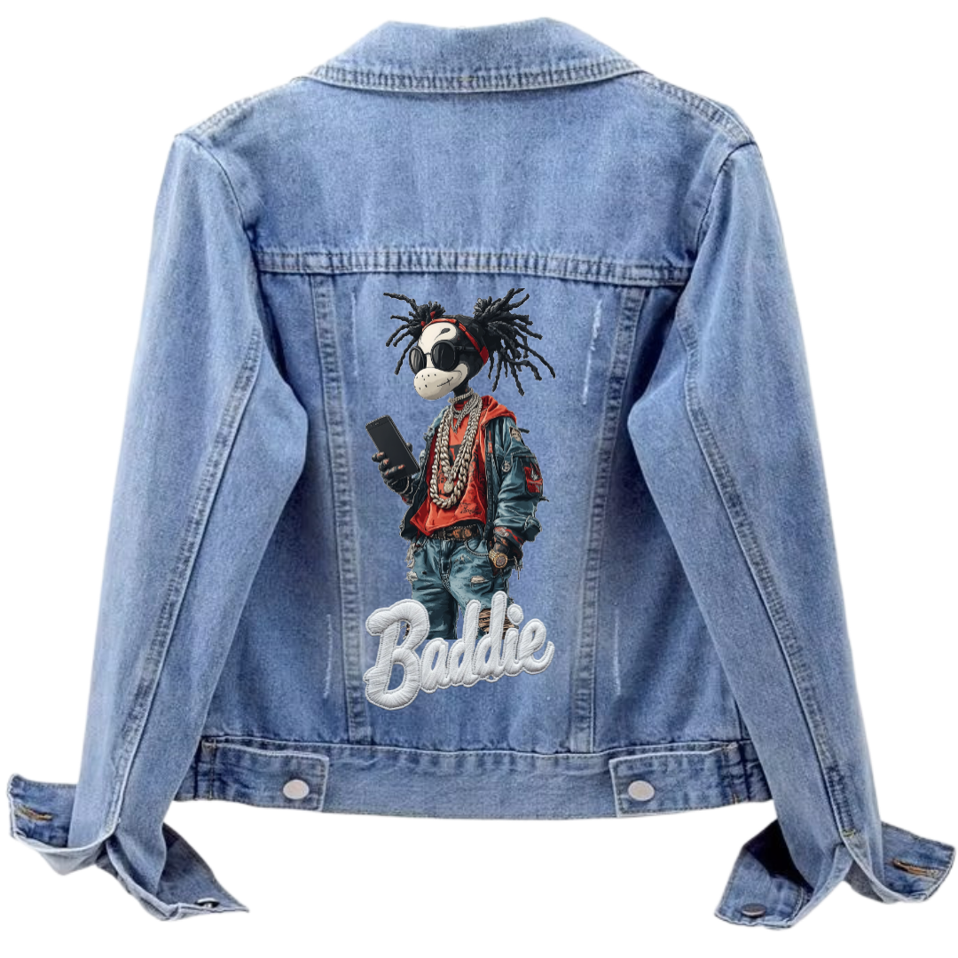 Light blue denim jacket with an illustration of a skeleton holding a phone that says 