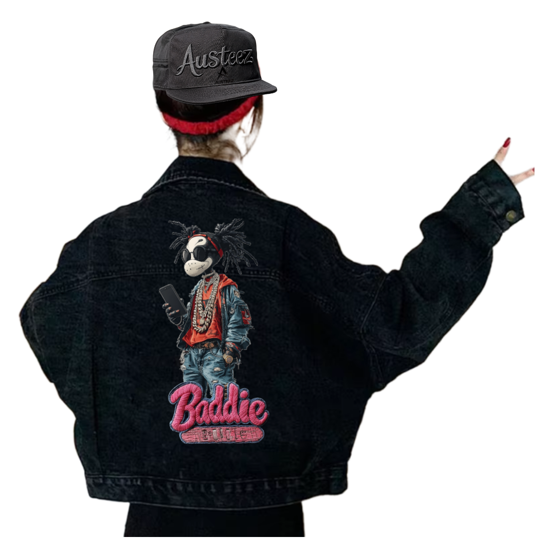 Person in black denim jacket, 