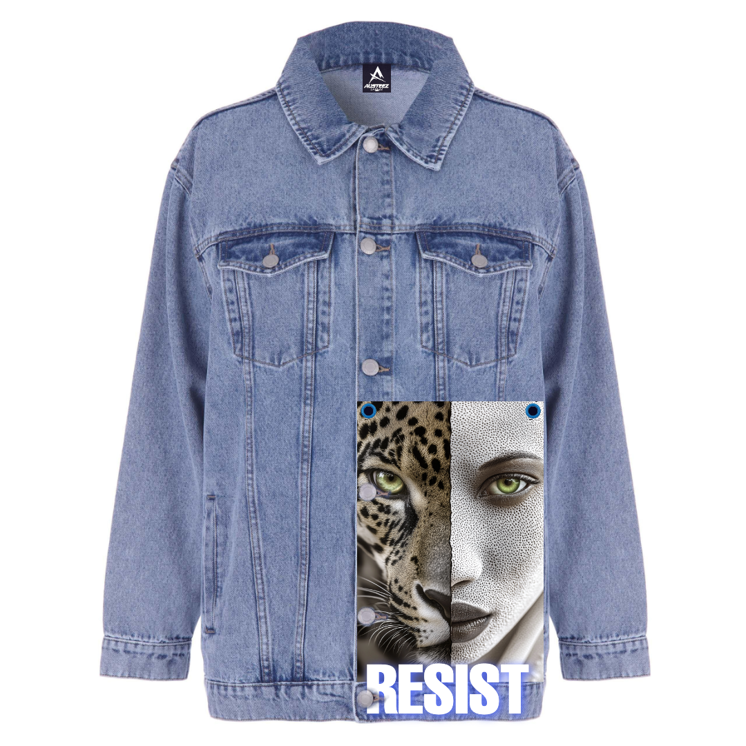 Light blue denim jacket with half leopard and half human face graphic, text 