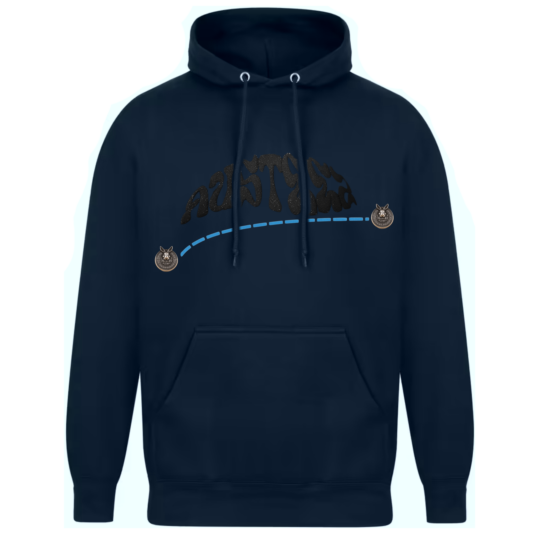 Black hoodie with a dark shape, pink line, and two cat designs.