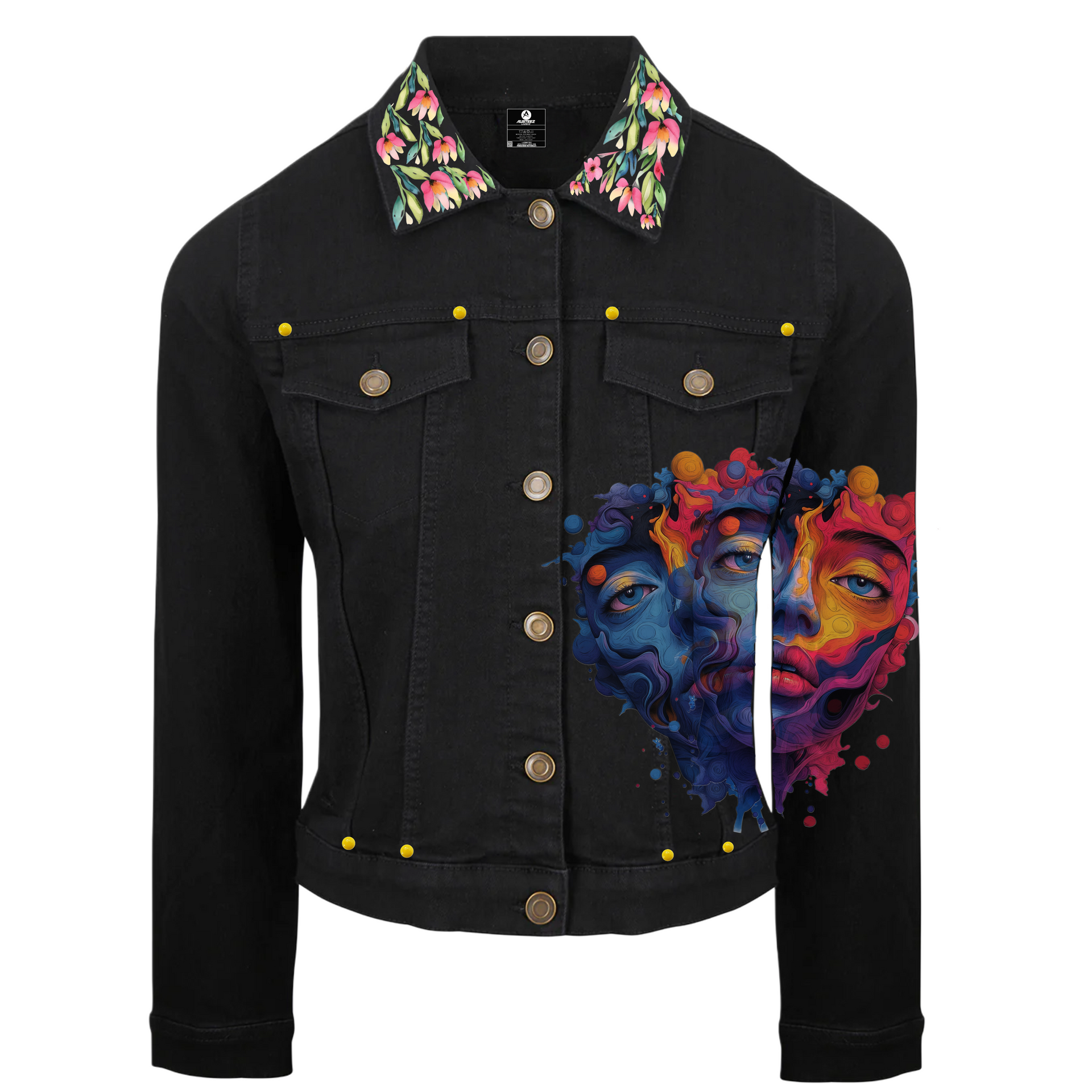 Black denim jacket with floral collar and colorful face art on front.