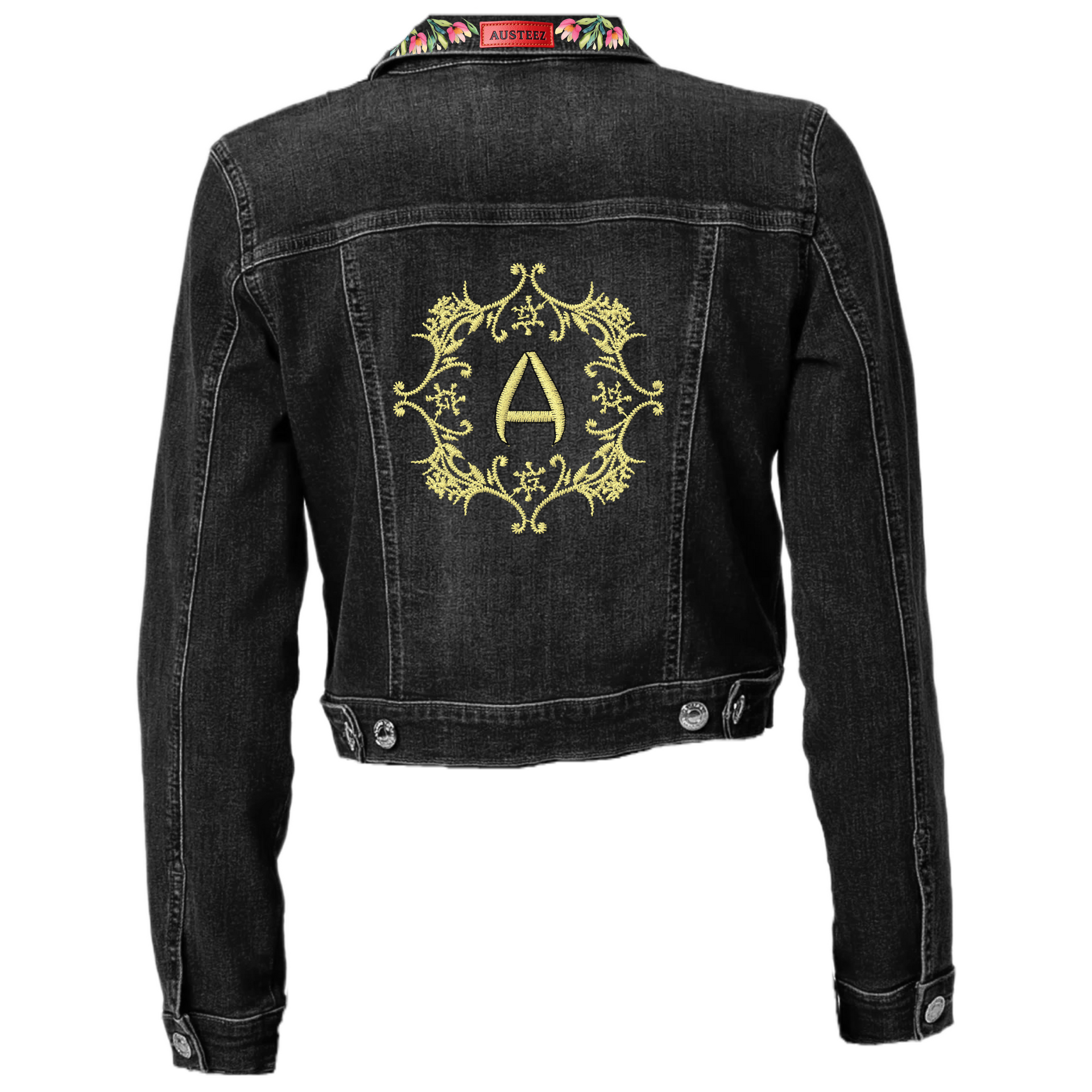 Black denim jacket with floral collar and ornate gold 