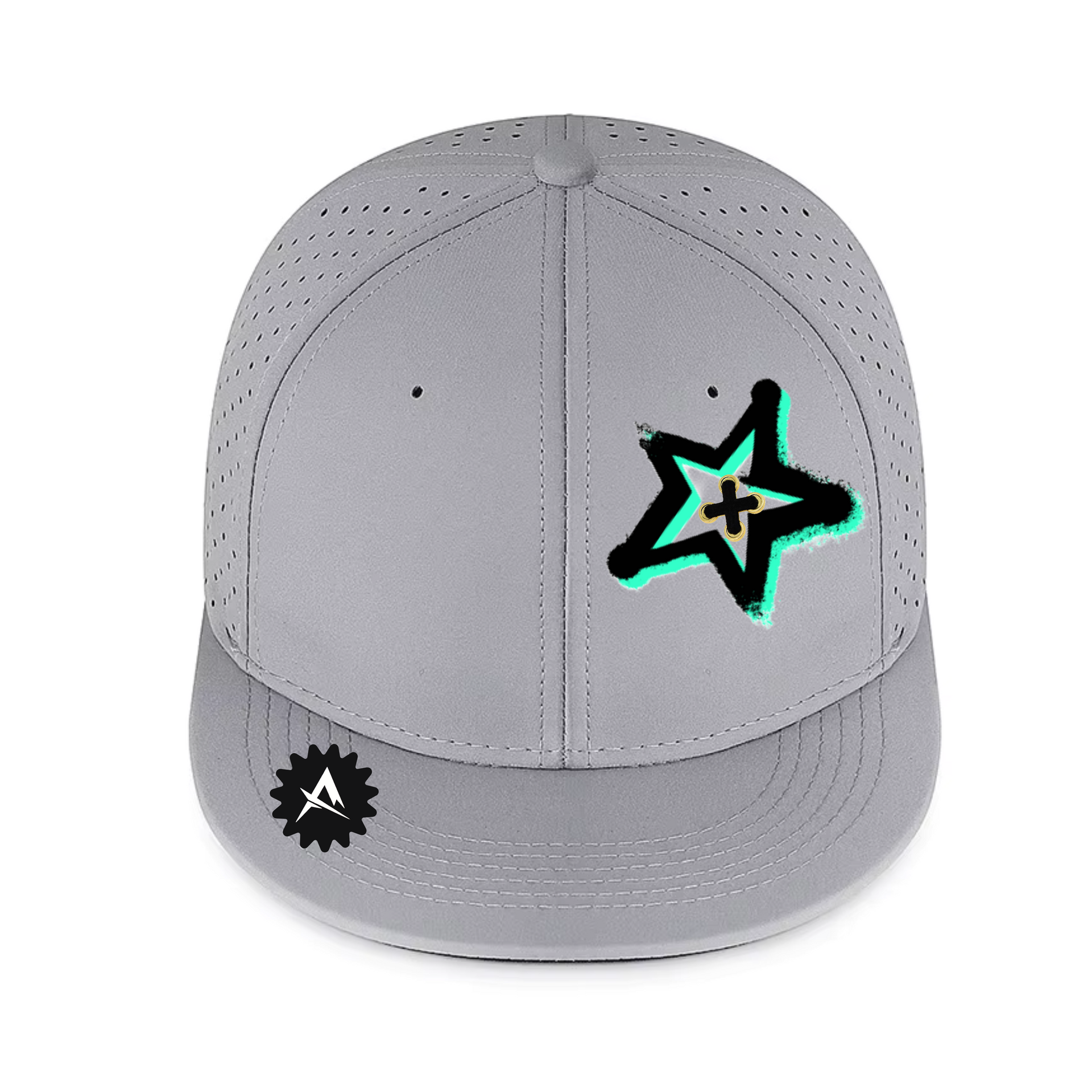 Gray flat-brimmed hat with a teal-outlined star graphic and small gear logo.