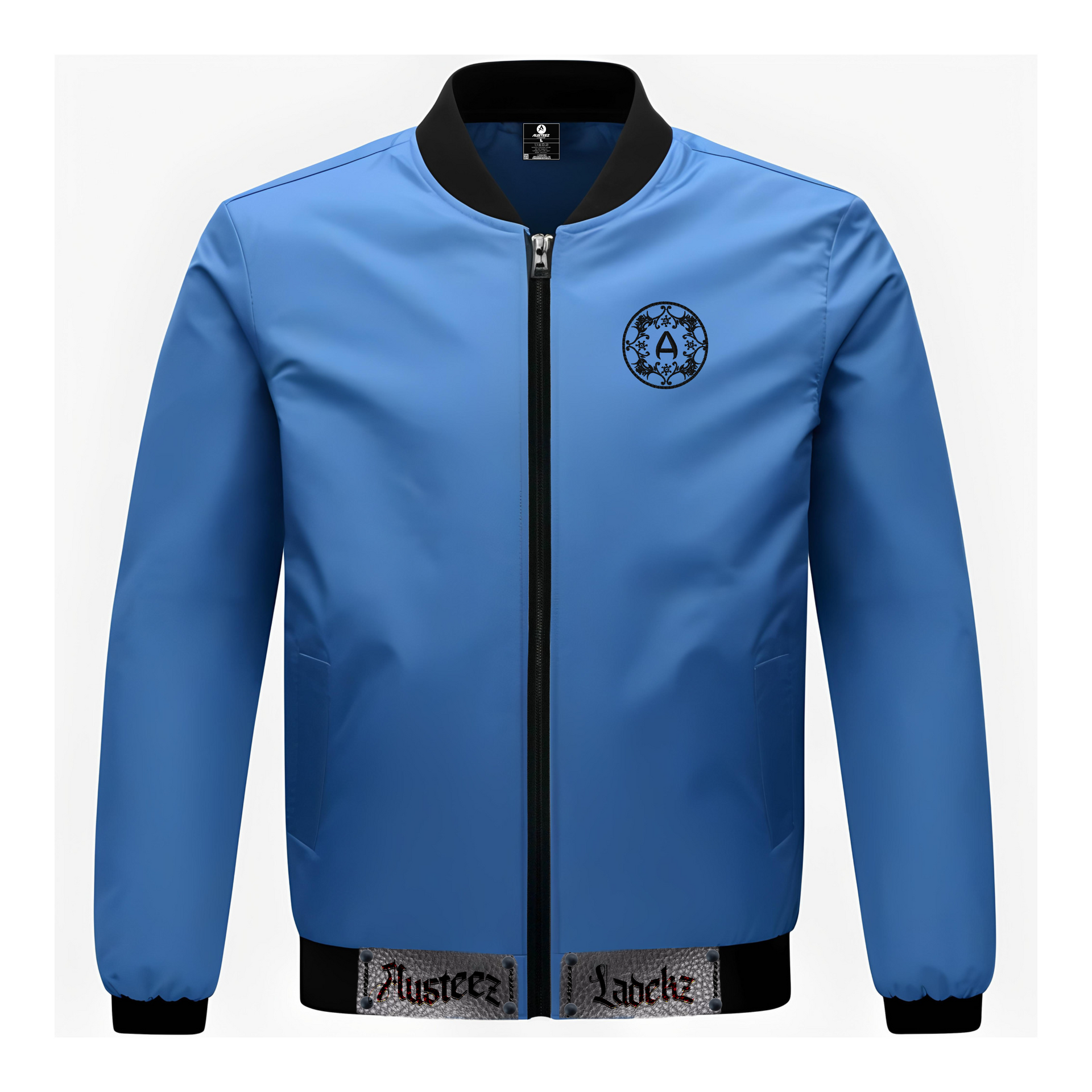 Blue bomber jacket with black trim, zipper, and logo; text at bottom.