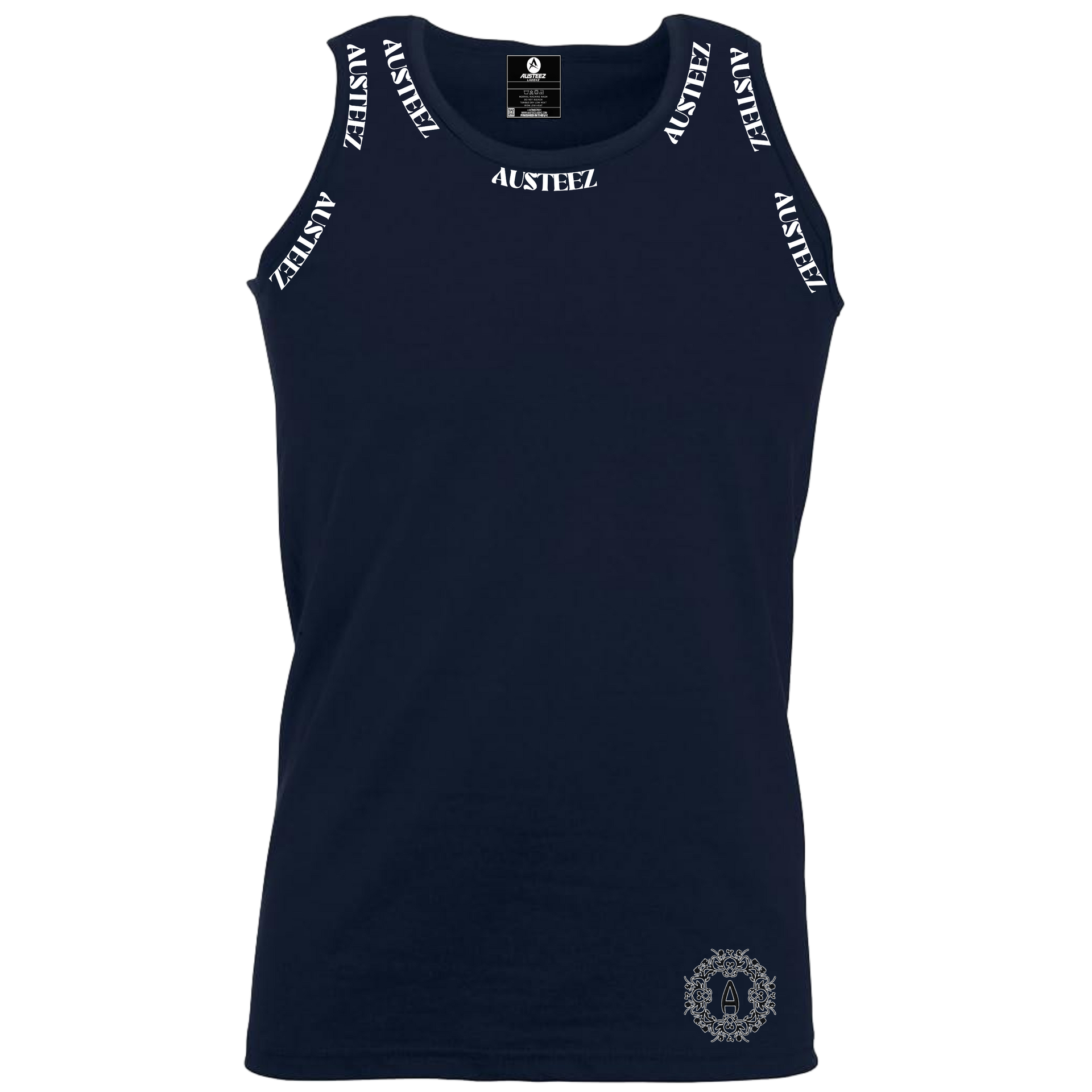 Navy blue tank top with white lettering, possibly for athletic wear.
