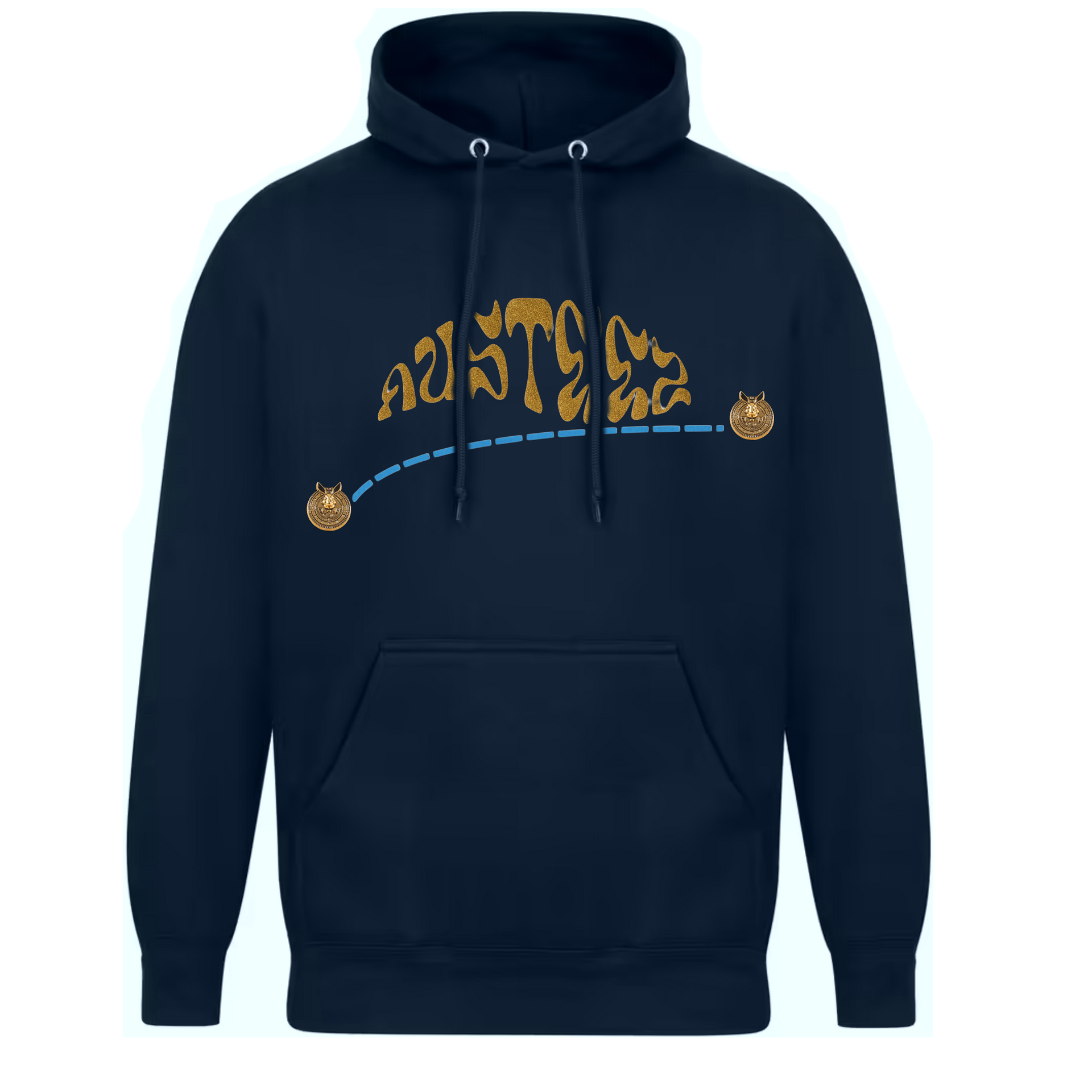 Black hoodie with a gold design of AUSTEEZ and line with gold embellishments.