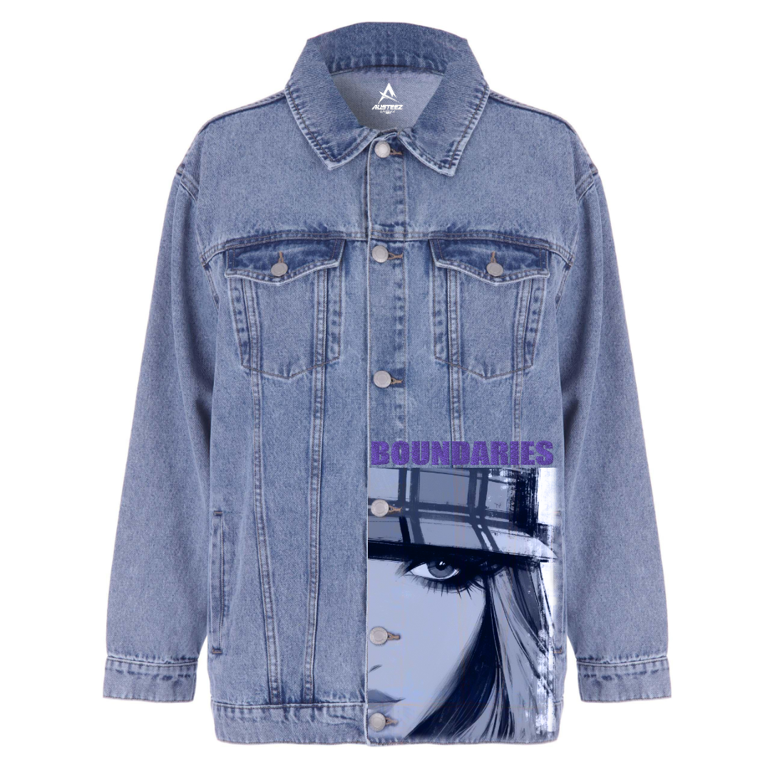 Light-blue denim jacket with artwork of a woman's face; text 