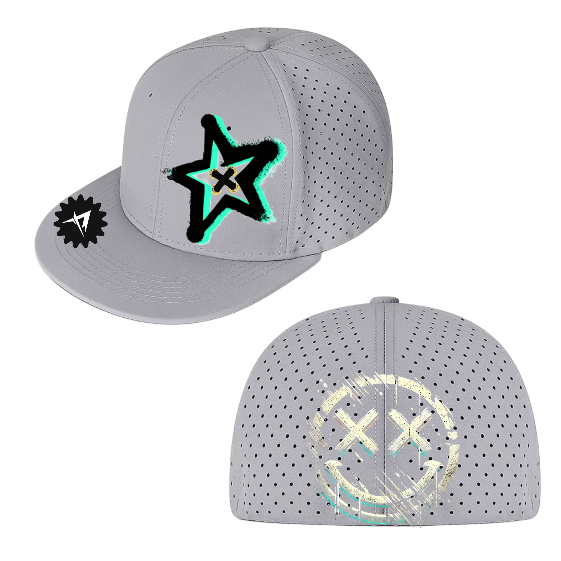 Gray ball cap with a star and smiley face design; perforated for breathability.