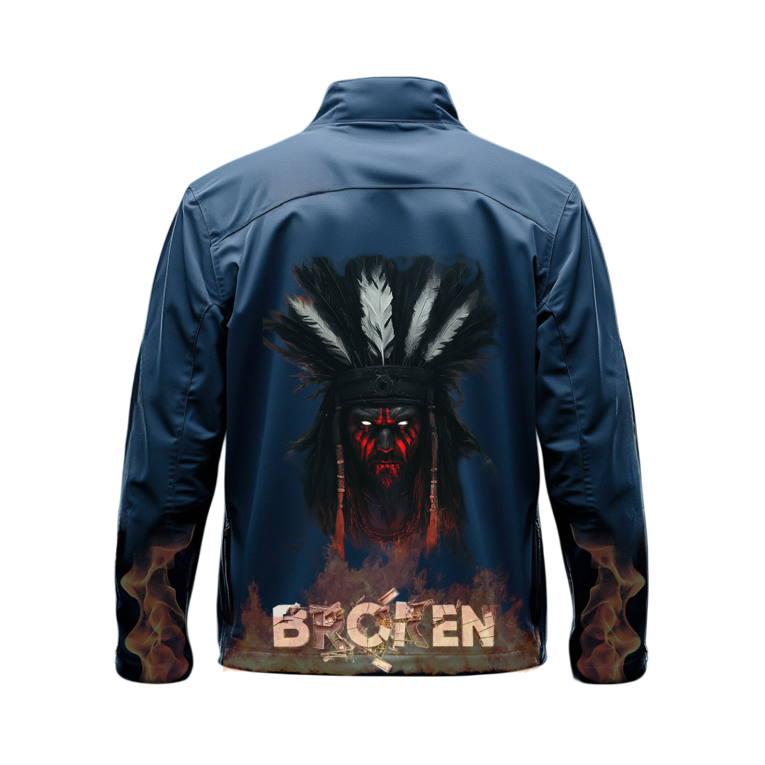 Black jacket with a blue illustration of a skeleton, with 
