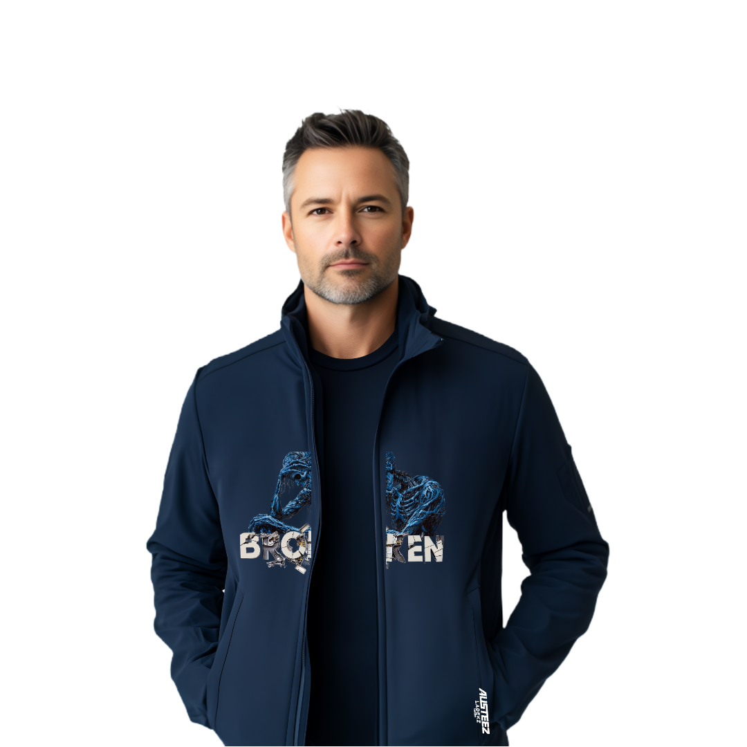 Man wearing a navy blue jacket with a graphic, standing against a white background.