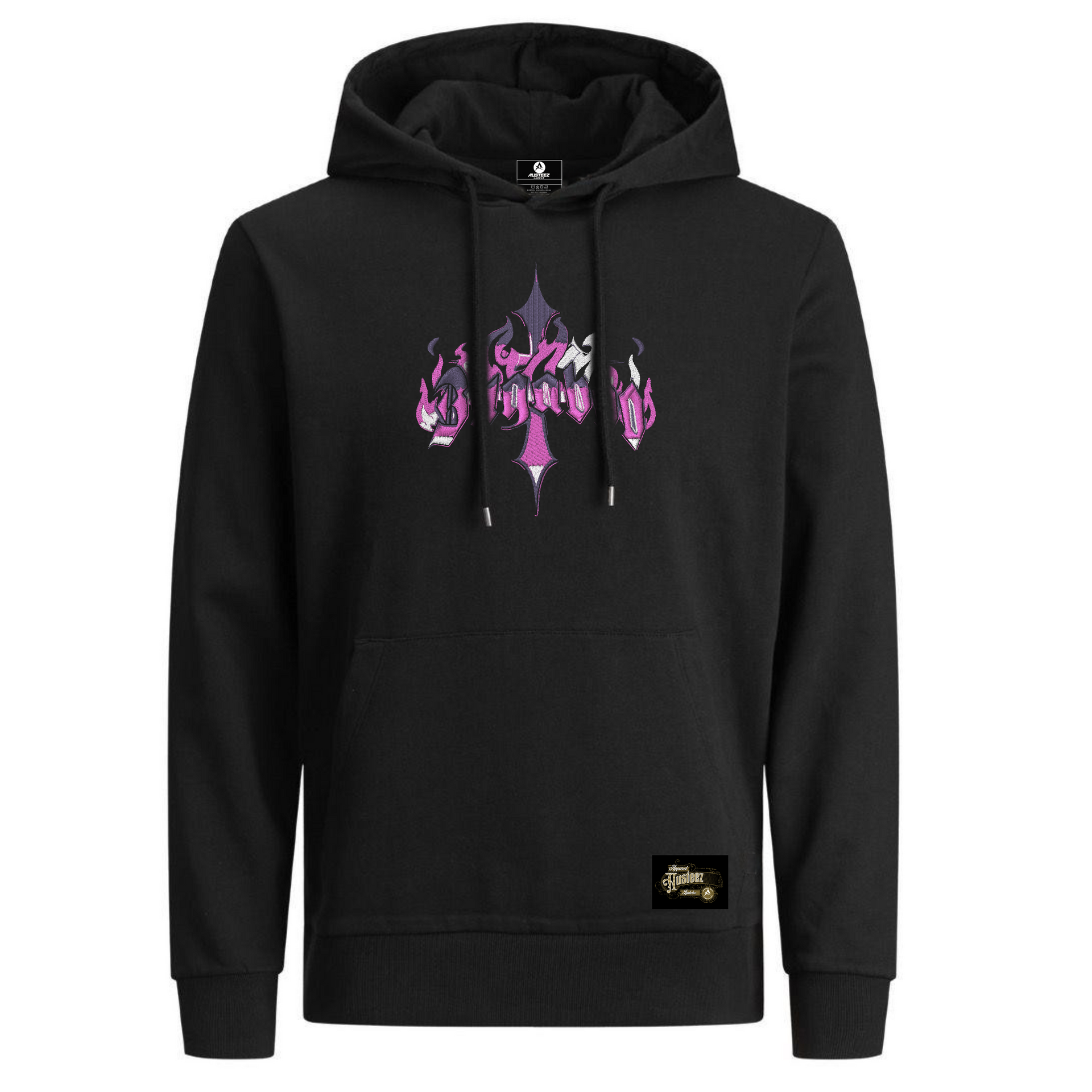 Black hoodie with pink graphic on the front.