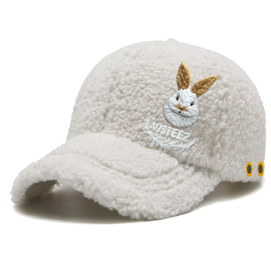 A cap with a bunny and brand name embroidered. With an accent of yellow ring studs