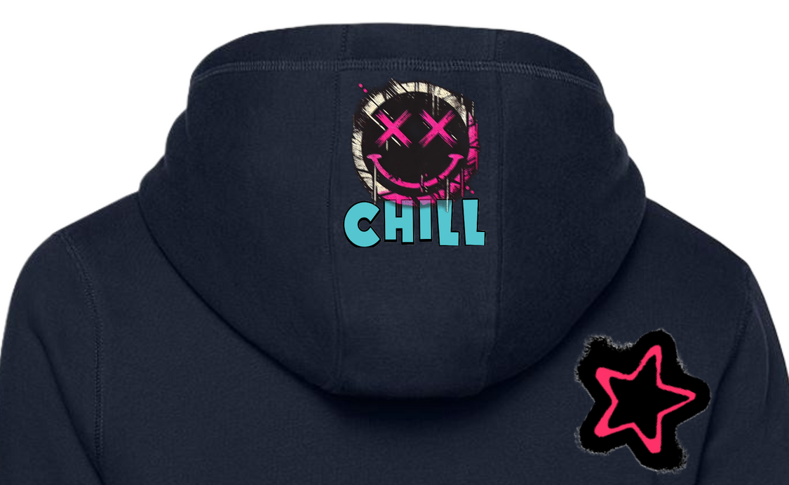 Back of a navy blue hoodie with smiley face and star graphics. 