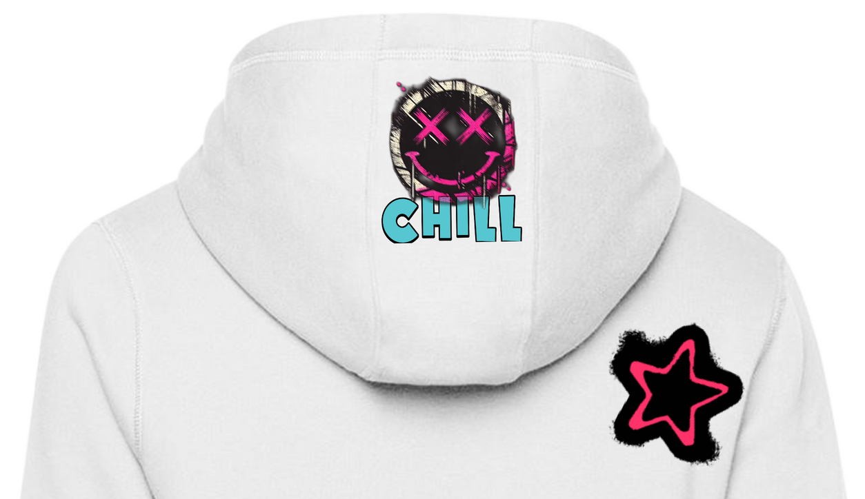 White sweatsuit with star patches and a hoodie with a bear graphic; people in clothing.