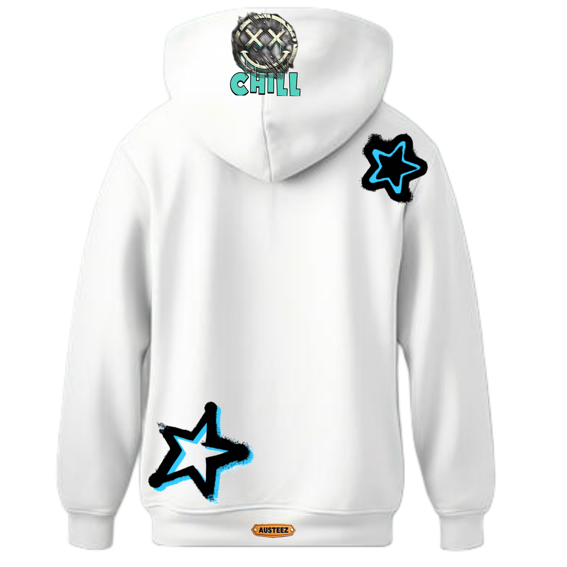 White hoodie with a cartoon teddy bear wearing a red jacket and the words 