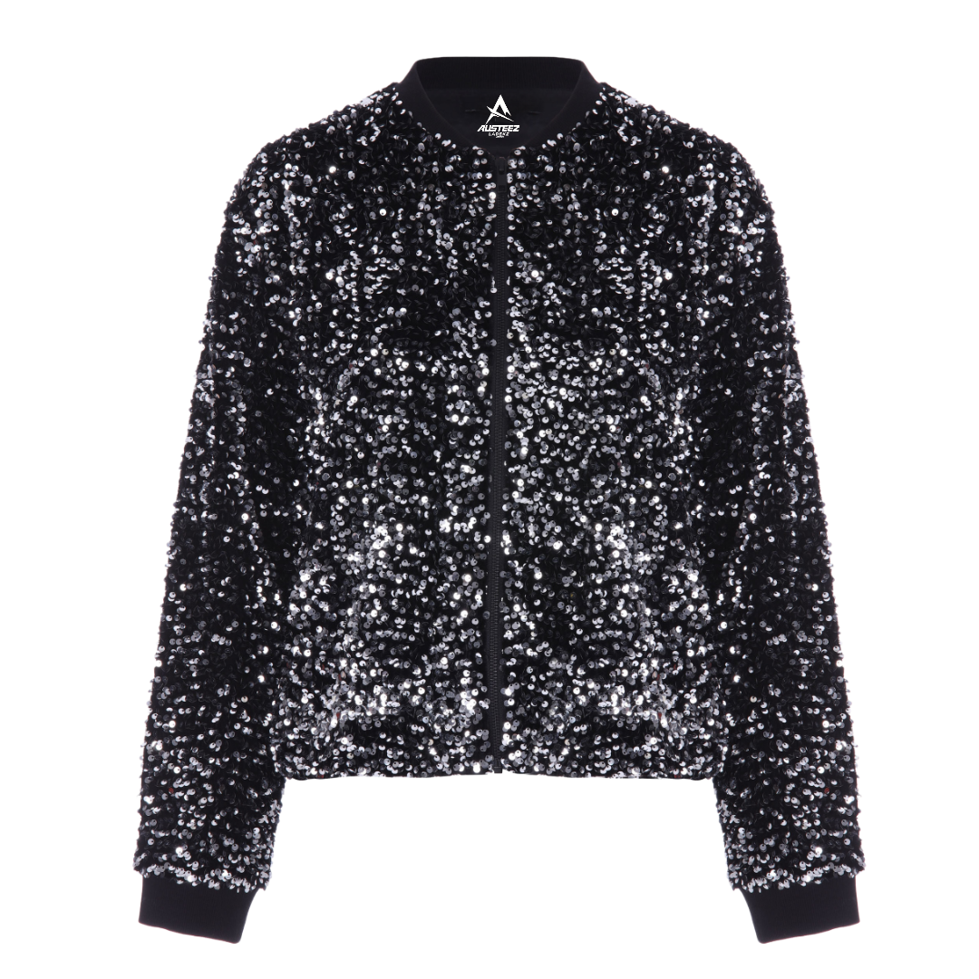 sequin bomber jacket front view