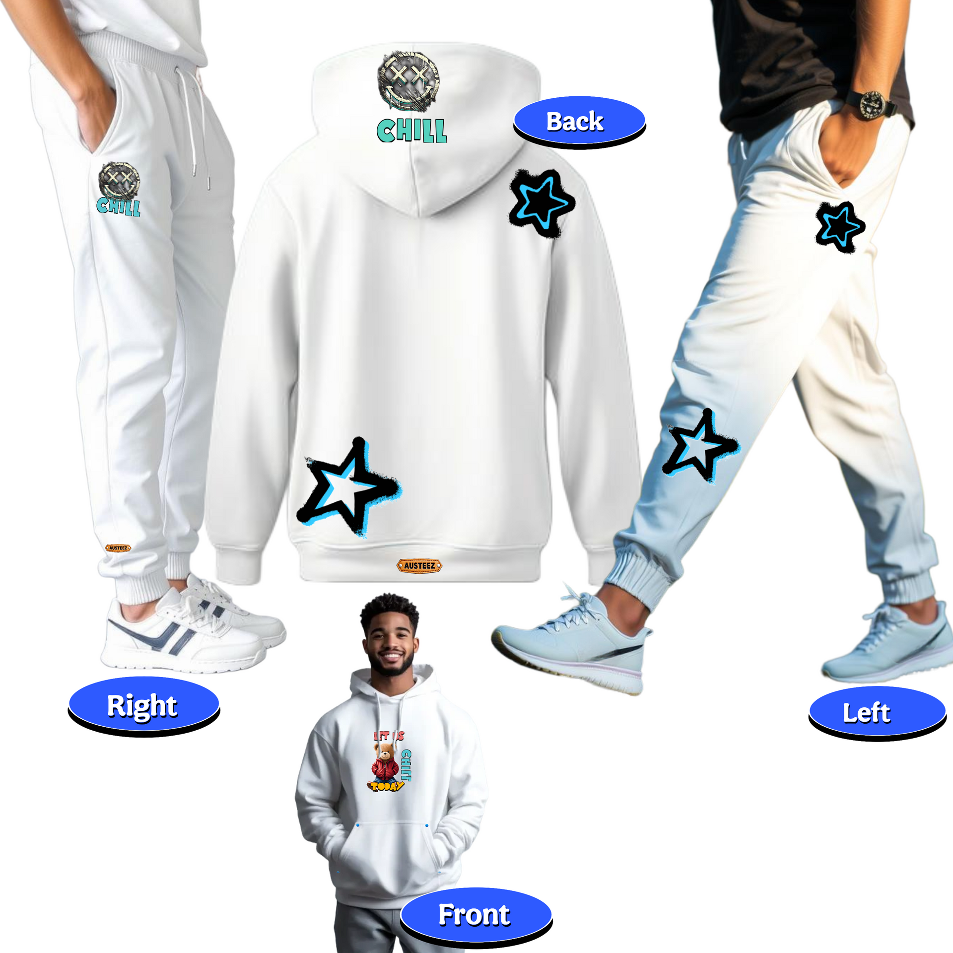 White sweatsuit set with star designs. Man in hoodie and pants. Blue and black accents.