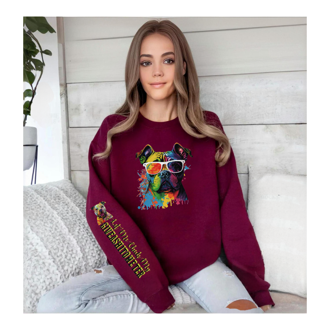 Maroon sweatshirt with a colorful dog portrait wearing sunglasses.