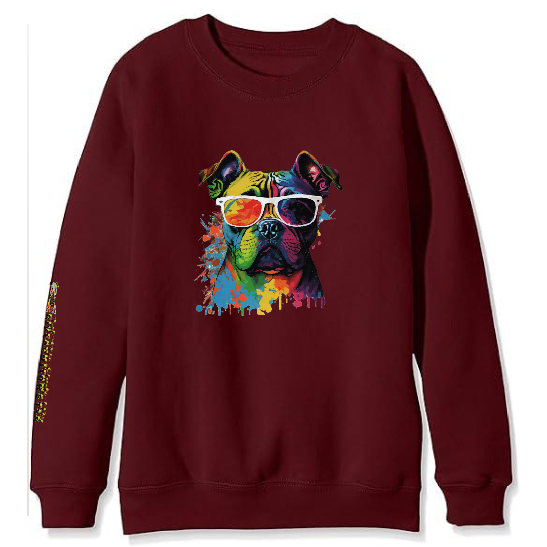 Maroon sweatshirt with a colorful dog portrait wearing sunglasses.