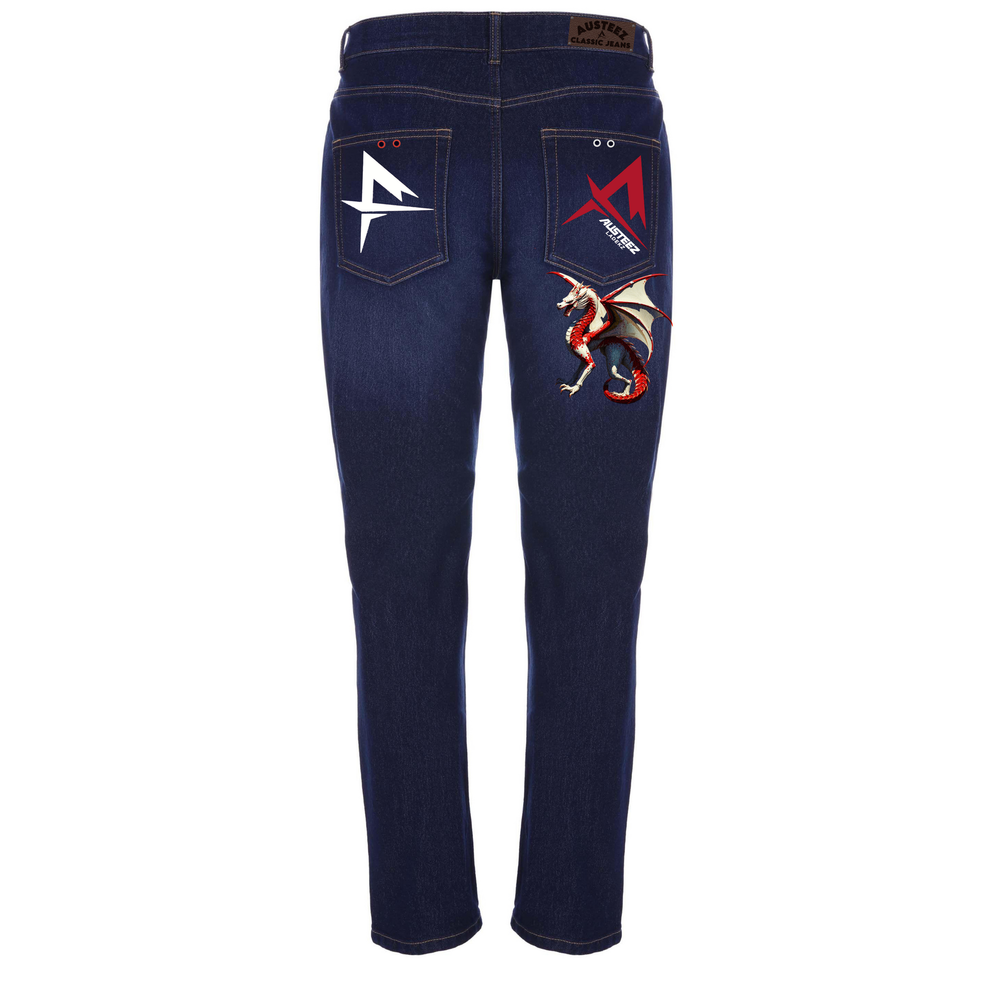 Back view of dark blue jeans with embroidered logos and a dragon.