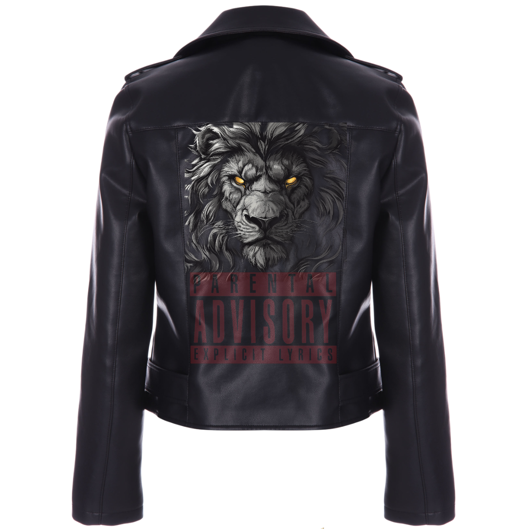 Black leather biker jacket with asymmetrical zipper and belted waist.