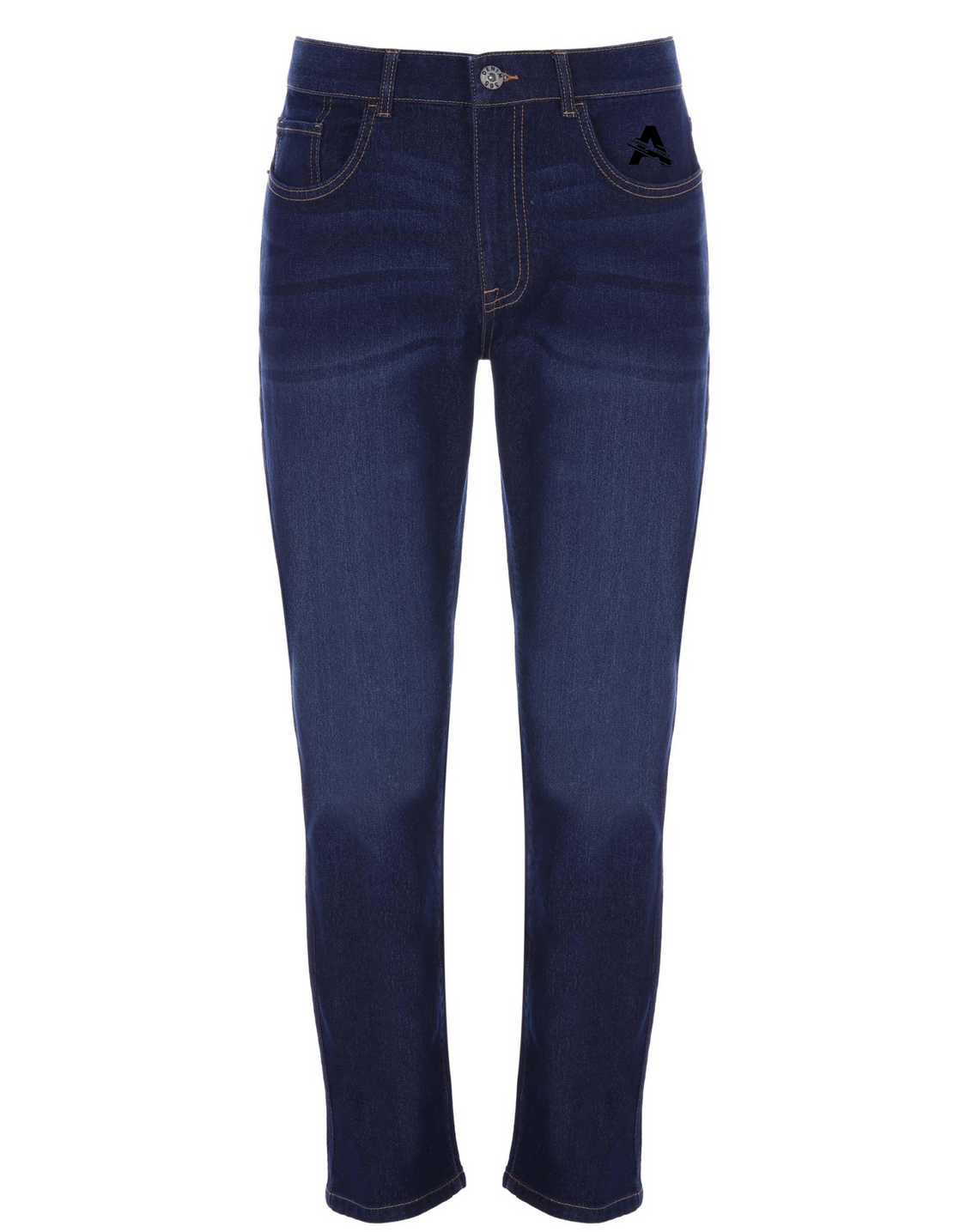 Back view of dark blue jeans with embroidered logos and a dragon.