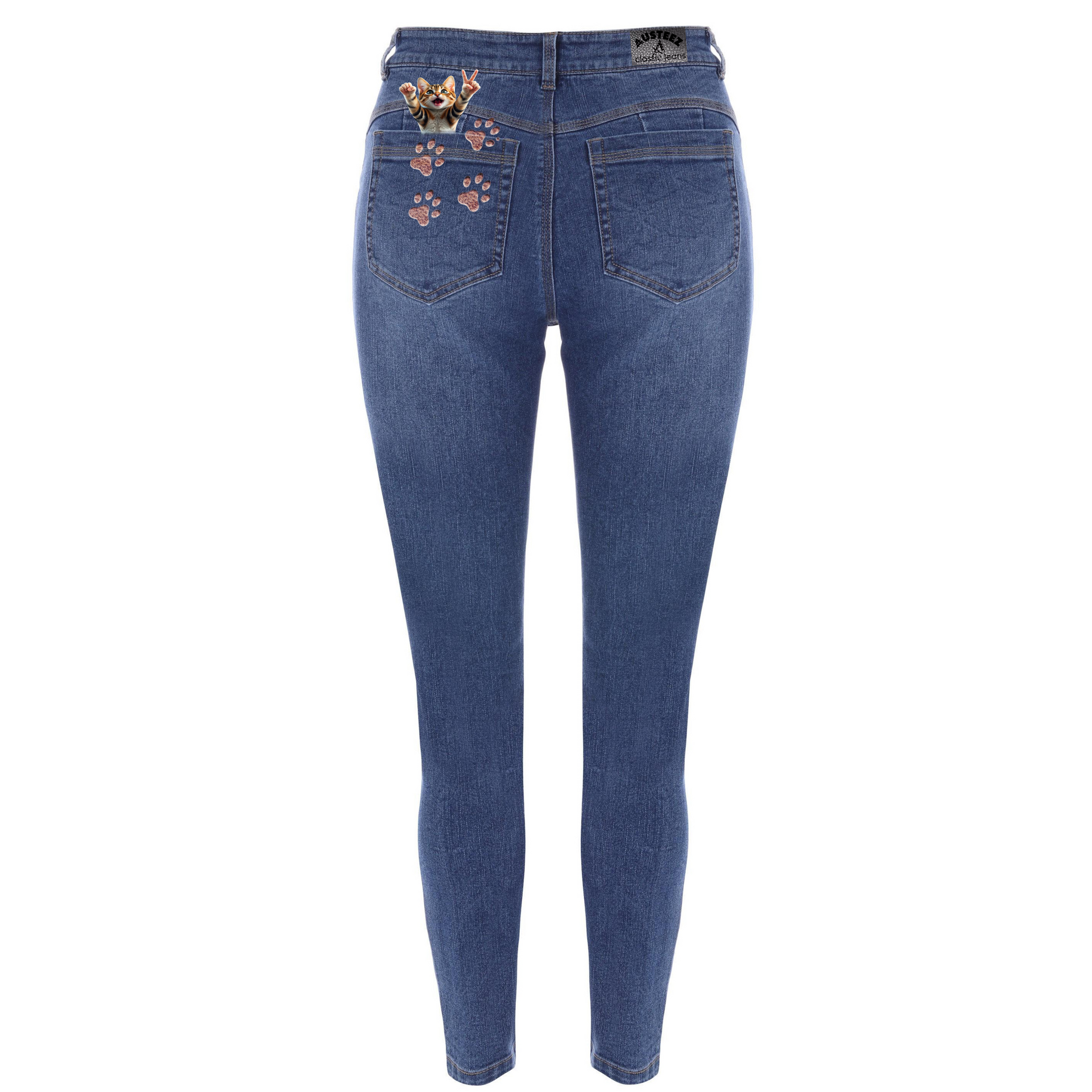 Back view of dark blue women's skinny jeans with embroidered paw prints and a dog.