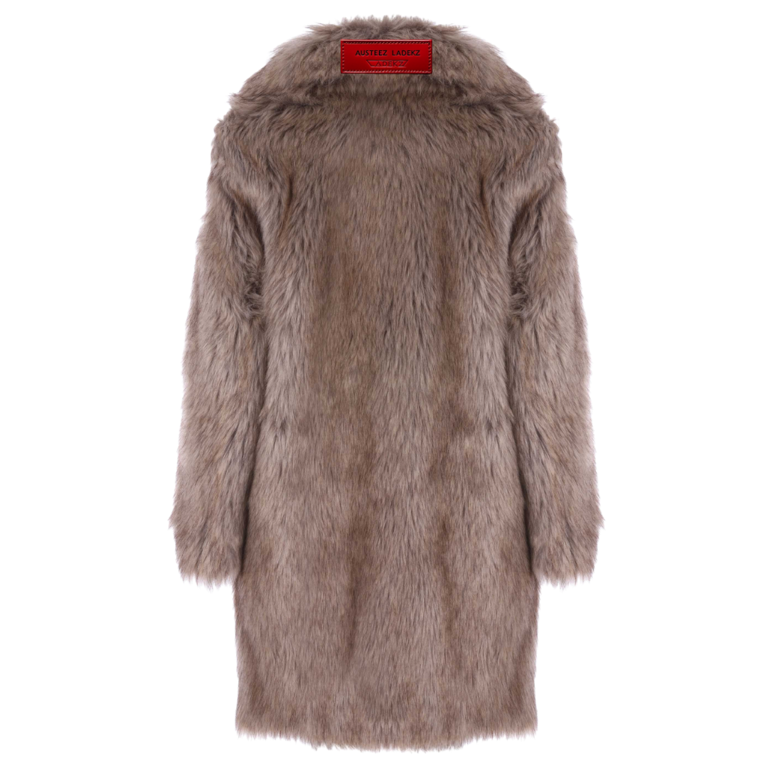 Long, brown faux fur coat with a wide collar.