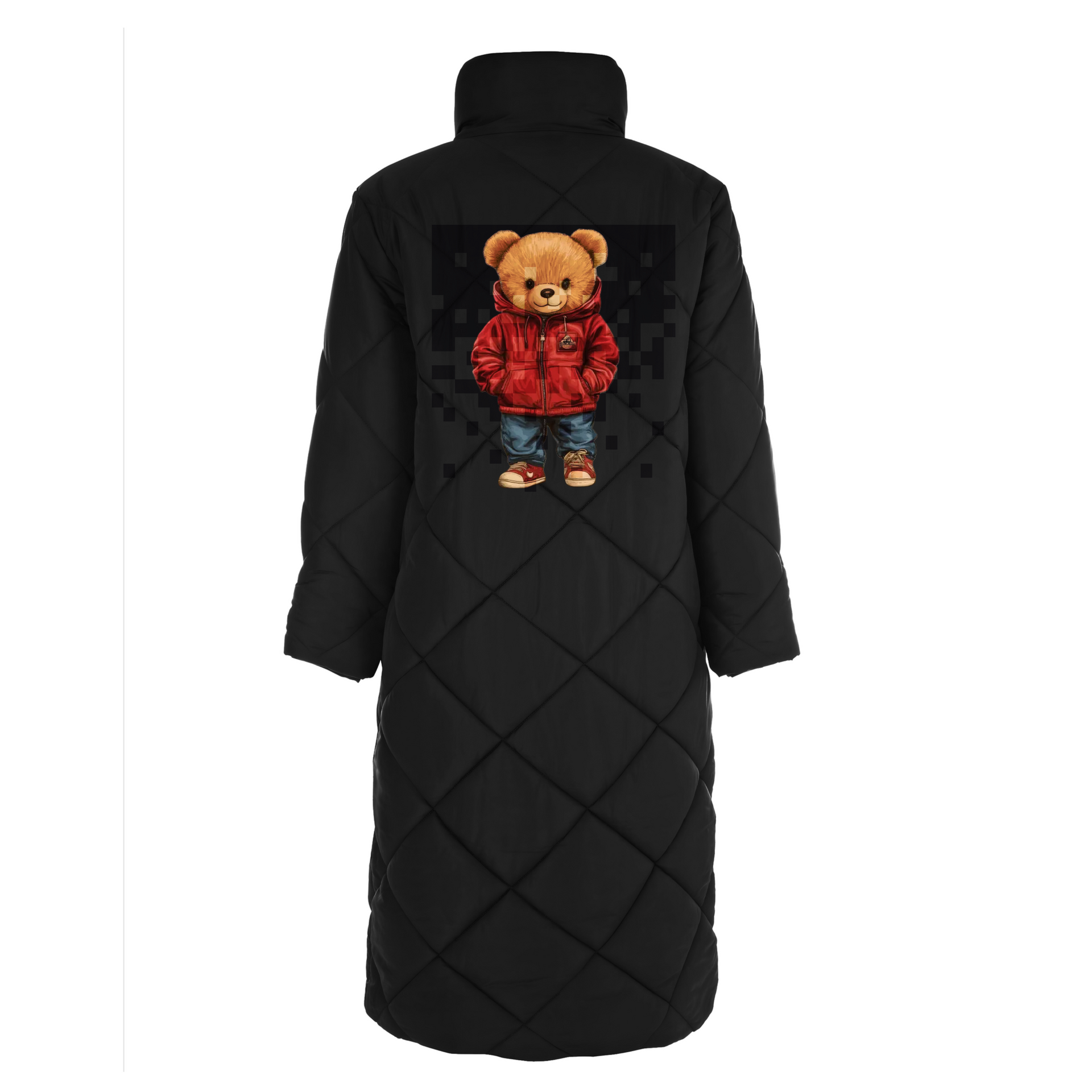 Black floor-length quilted coat with a tan fur panel down the front and on the pockets. Yellow logo on the collar.